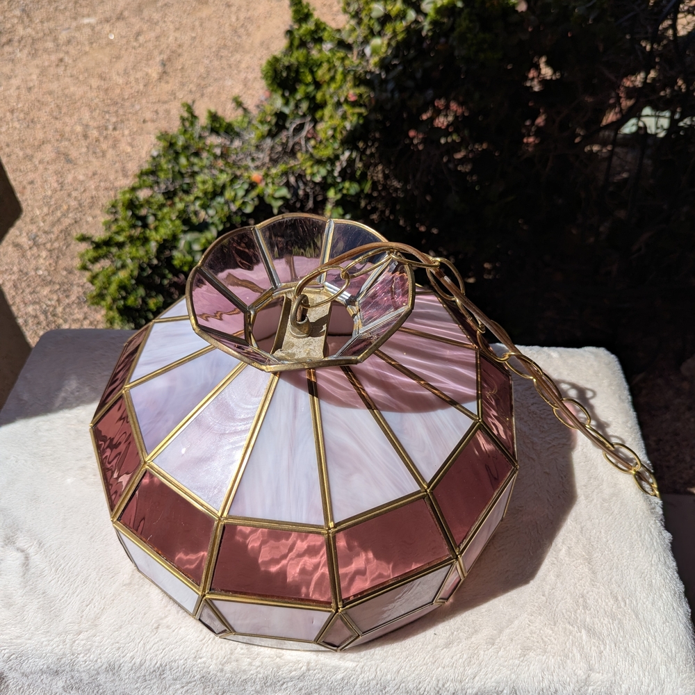 Vintage Tiffany Style MCM Purple and Pink Stained Glass Hanging Pendant Light - Picture 3 of 13